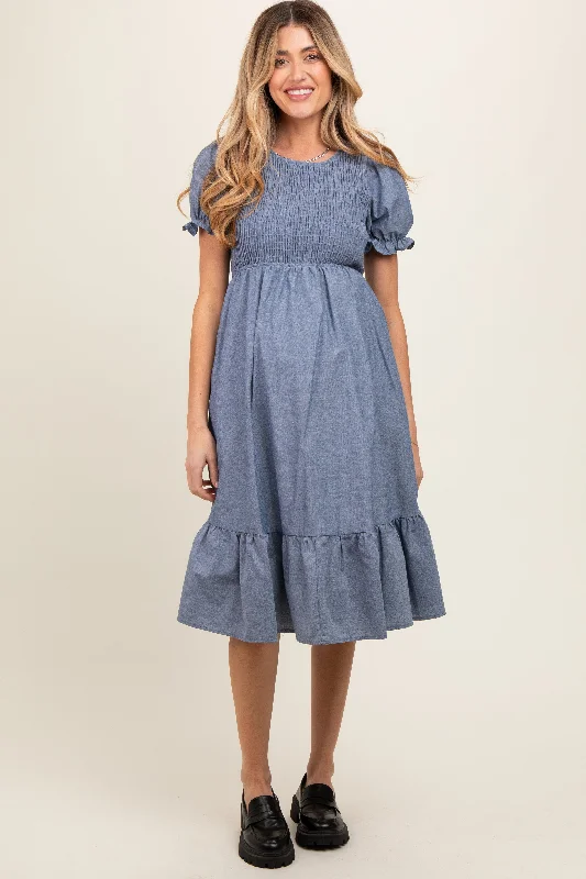 maternity double layer dress -Blue Chambray Smocked Puff Sleeve Maternity Dress