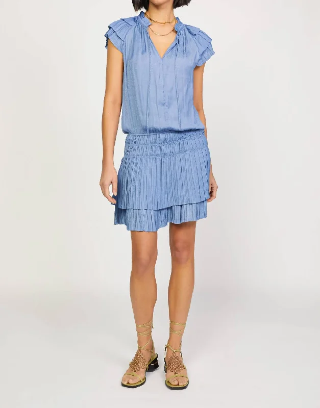 short sleeve beach vacation dress -Pleated Patterned Short Sleeve Dress in Dusty Blue Dot