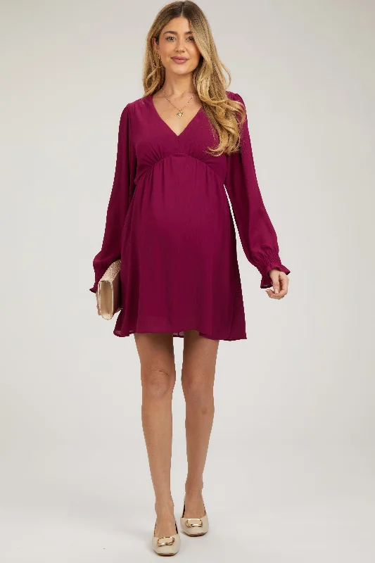 maternity chic workwear maternity dress -Magenta V-Neck Long Sleeve Maternity Dress