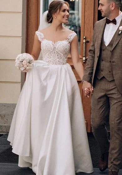 sleeveless layered chiffon dress -Satin Lace Floor-length Brush Train A Line Sleeveless Casual Wedding Dress