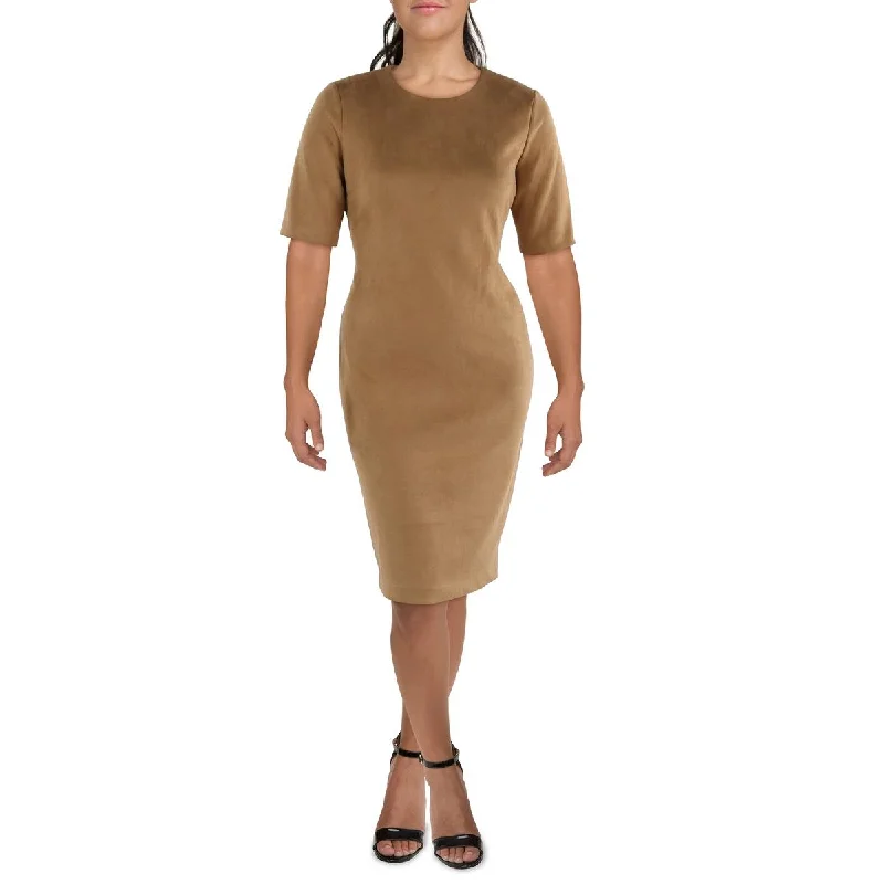 short sleeve ultra-soft fabric dress -Womens Faux Suede Short Sleeves Sheath Dress