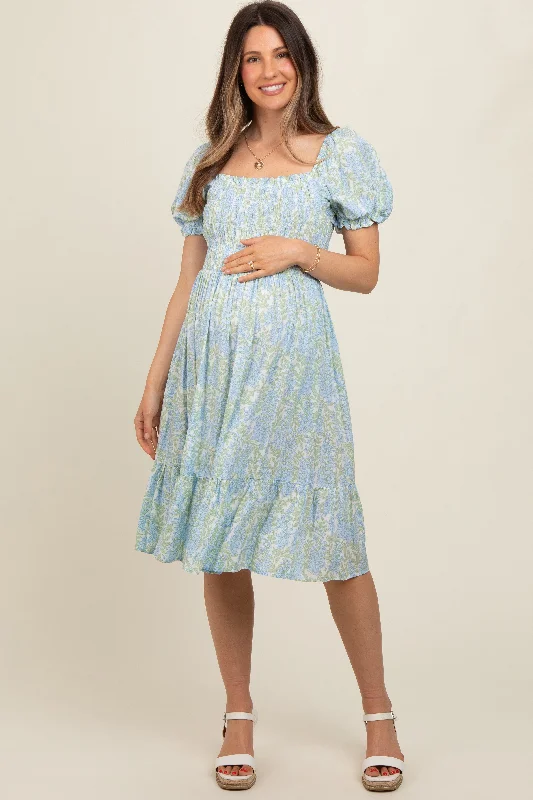 maternity cold shoulder dress -Light Blue Floral Puff Sleeve Smocked Chest Maternity Dress