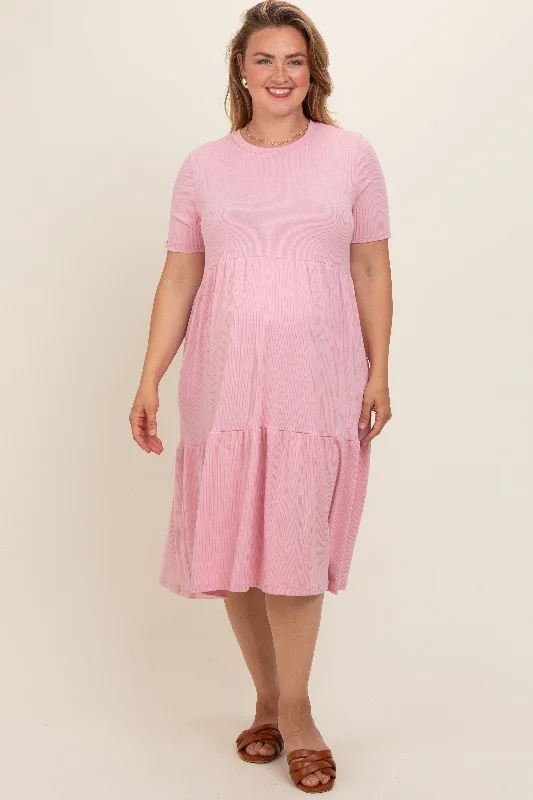 maternity lace dress -Pink Ribbed Tiered Maternity Plus Dress