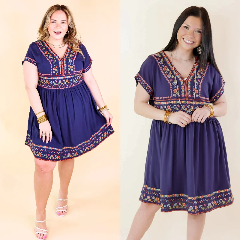 short sleeve fun and flirty dress -Passing Through V Neck Embroidered Dress with Short Sleeves in Navy Blue