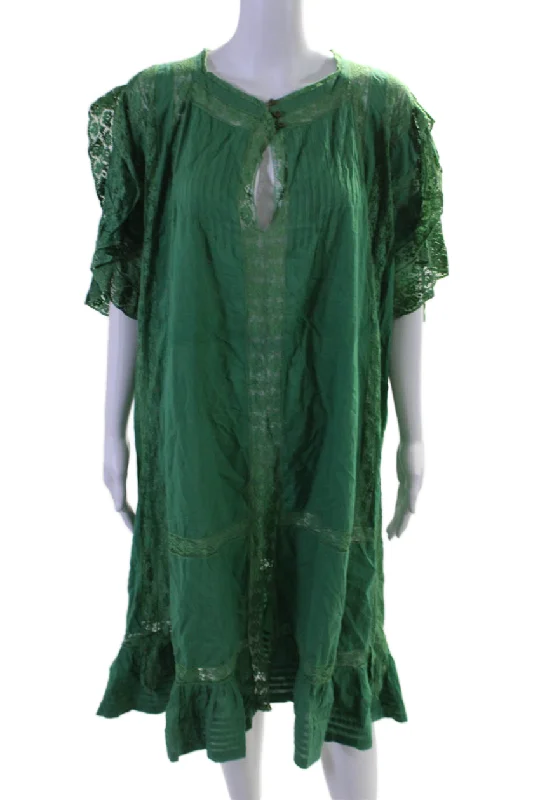 short sleeve wrap dress -Soler Womens Short Sleeve Lace Trim V Neck Shift Dress Green Cotton One