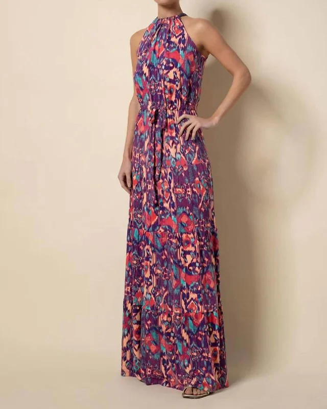 Women's maxi dress tailored chambray -Violet Maxi Dress In Large Ikat Melange | Large Ikat Melange