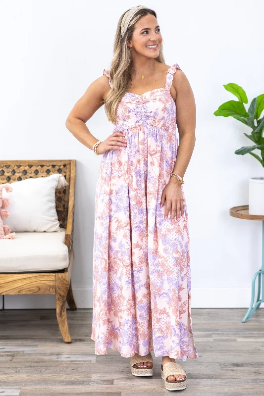 Women's maxi dress relaxed stripe -Peach Paisley Floral Smocked Maxi Dress