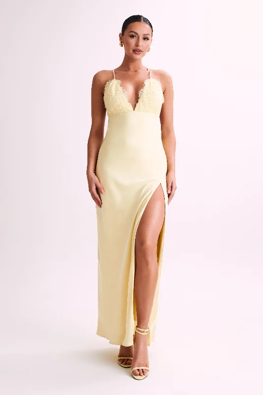 Women's maxi dress weekend charm -Gina Satin Slip Maxi Dress With Lace - Lemon