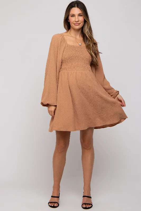 maternity empire waist dress -Camel Tie Back Smocked Long Sleeve Maternity Dress