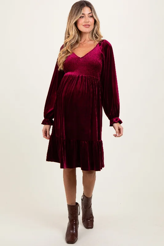 maternity blue dress -Burgundy Velvet Smocked Maternity Long Sleeve Dress