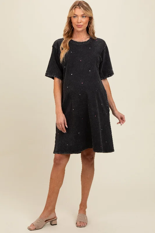 maternity trendy modern maternity dress -Black Rhinestone Mineral Washed Maternity T-Shirt Dress