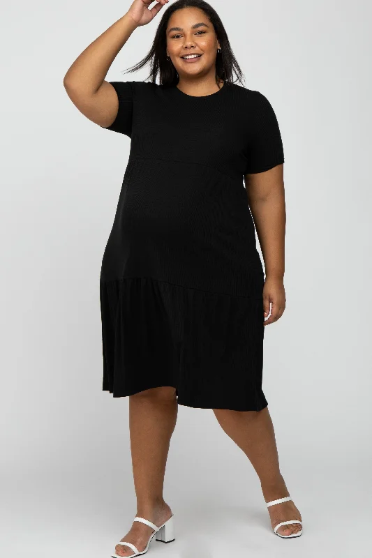 maternity plus size dress -Black Ribbed Tiered Maternity Plus Dress