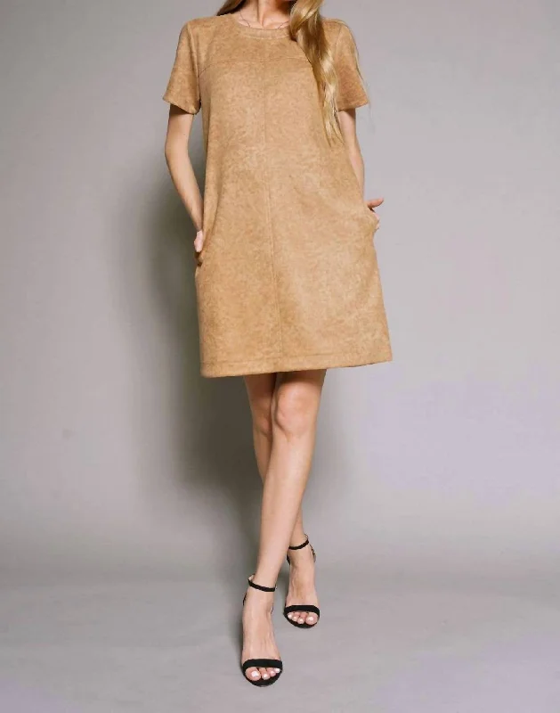 short sleeve lace trim dress -Printed Suede Short Sleeve Shift Dress In Mocha