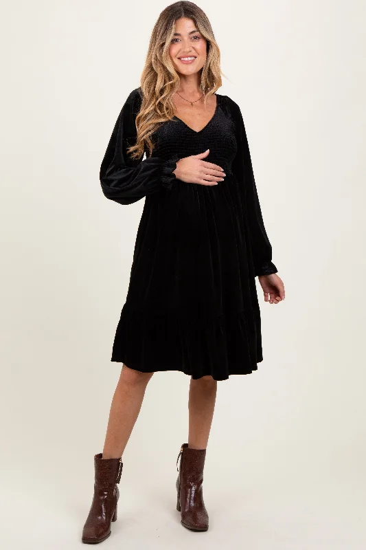 maternity red dress -Black Velvet Smocked Maternity Long Sleeve Dress