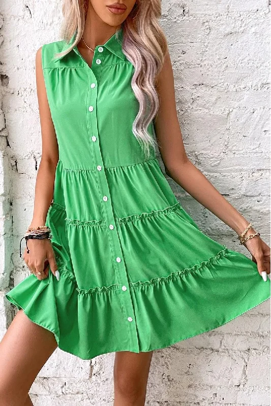 sleeveless corset top dress -WRINKLED SLEEVELESS BUTTON UP COLLAR DRESS