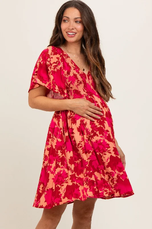 maternity ultra soft dress -Red Leaf Print Smocked V-Neck Maternity Dress