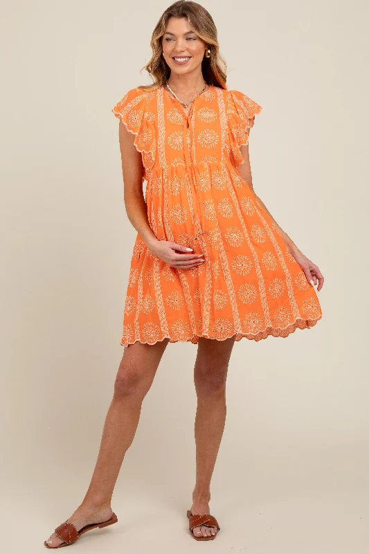 maternity velvet maternity dress -Orange Embroidered Flutter Sleeve Maternity Dress