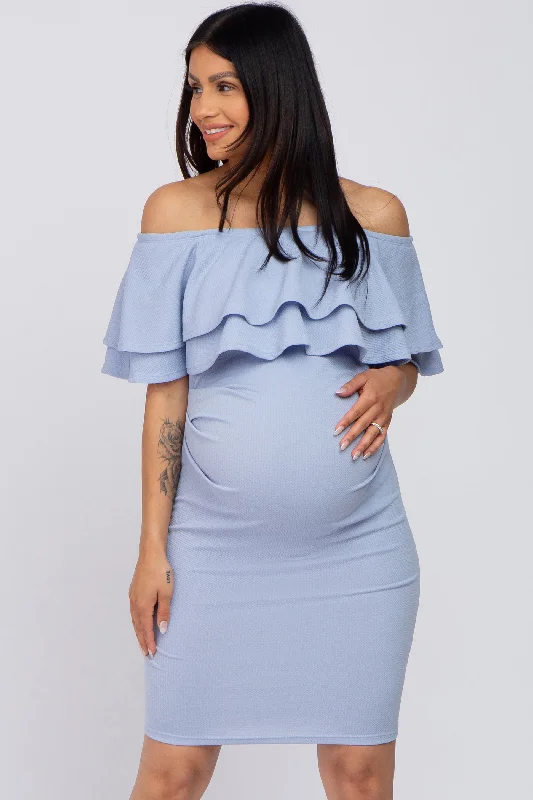 maternity casual dress -Light Blue Ruffle Off Shoulder Ruched Maternity Dress