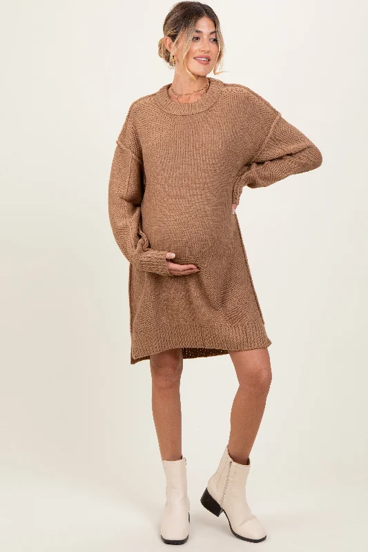 maternity ruffle hem dress -Mocha Exposed Seam Oversized Maternity Sweater Dress