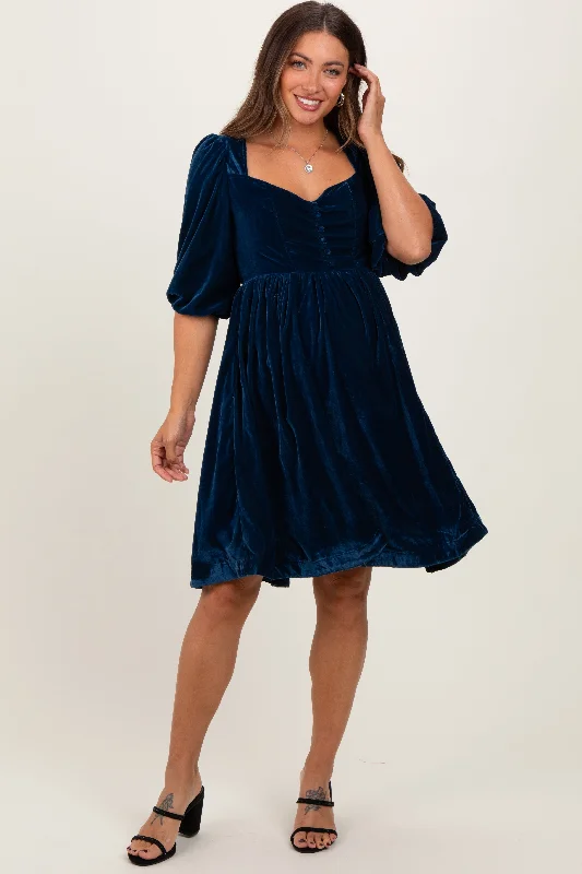 maternity purple dress -Navy Velvet Sweetheart Button Accent Maternity Dress