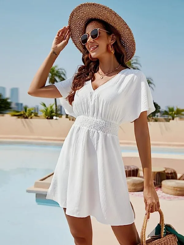 short sleeve fringed dress -Smocked V-Neck Short Sleeve Dress