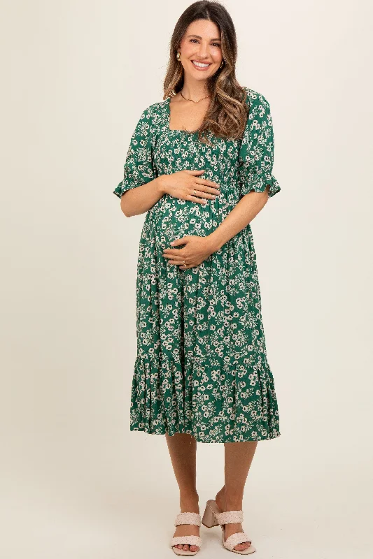 maternity bump friendly dress -Green Square Neck Smocked Maternity Dress