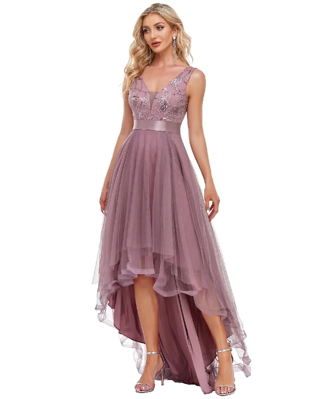 sleeveless dreamy tulle dress -Sleeveless V-back Tulle High-Low Sequin Appliques Evening Dresses | Purple Orchid