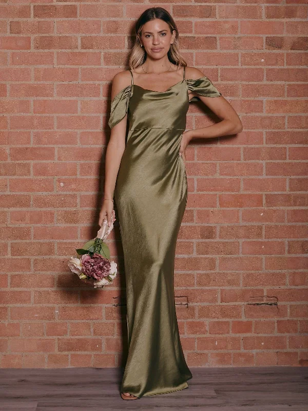 Women's maxi dress daily elegance -Cowl Neck Maxi Satin Bridesmaid Dress / Olive Green