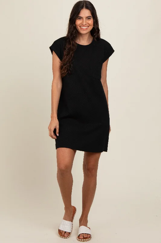 short sleeve two-tone dress -Black Front Pocket Line Textured Short Sleeve Dress