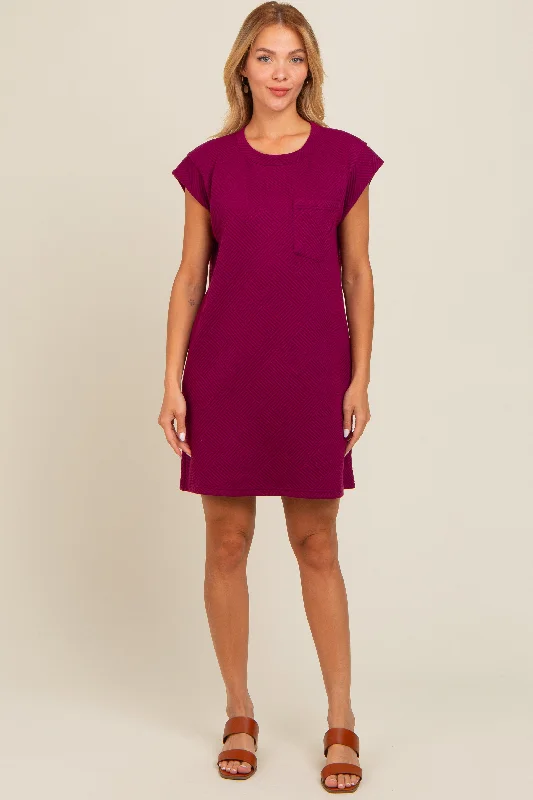 short sleeve bohemian dress -Violet Front Pocket Line Textured Short Sleeve Dress