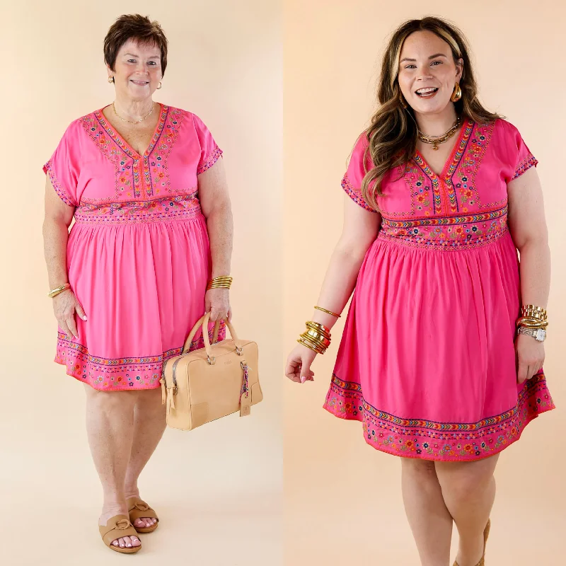 short sleeve soft and stretchy dress -Passing Through V Neck Embroidered Dress with Short Sleeves in Pink