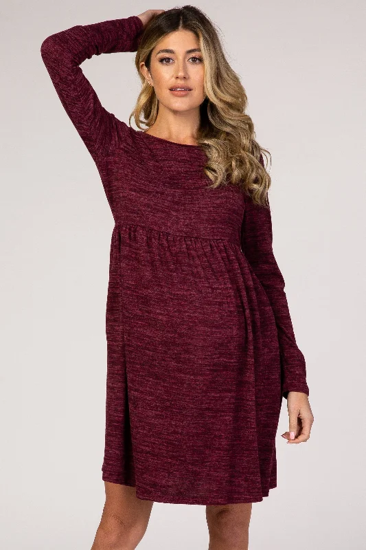 maternity frill dress -Burgundy Heathered Long Sleeve Knit Maternity Dress