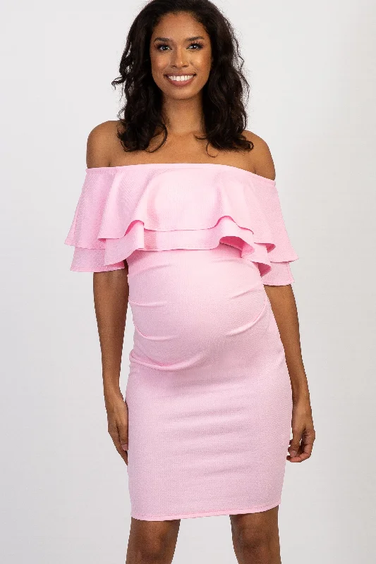 maternity trendy summer dress -Pink Off Shoulder Fitted Maternity Dress