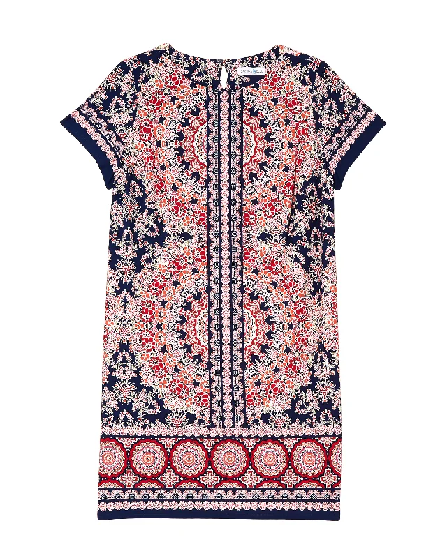 short sleeve denim dress -Cyprus Short Sleeve Sheath Dress | Navy / Red