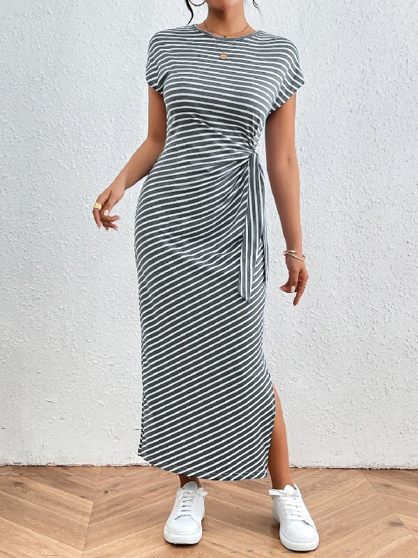 short sleeve fitted midi dress -Tied Striped Round Neck Short Sleeve Tee Dress