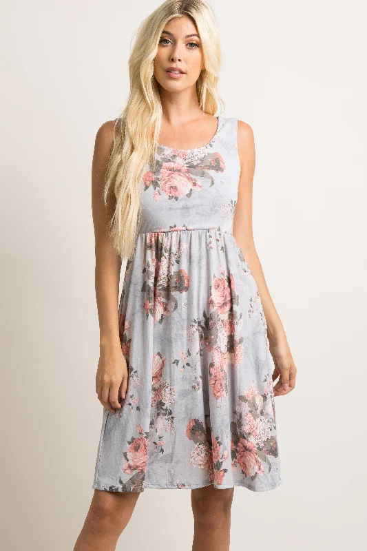 sleeveless chiffon dress -Light Grey Floral Sleeveless Dress