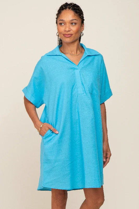 short sleeve dreamy tulle dress -Light Blue Linen Collared Front Pocket Short Sleeve Dress