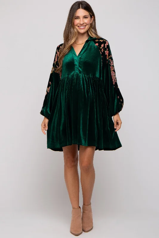 maternity wrap around dress -Forest Green Velvet Floral Long Sleeve Maternity Dress