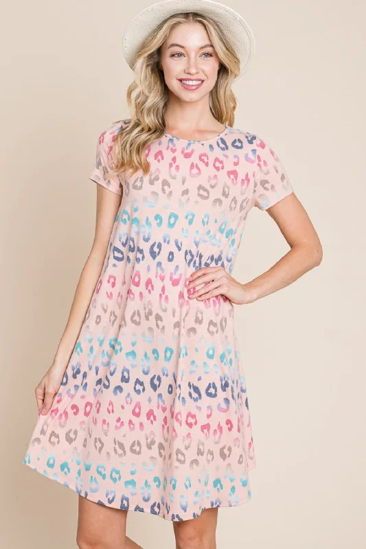 short sleeve timeless design dress -BOMBOM Leopard Round Neck Short Sleeve Dress