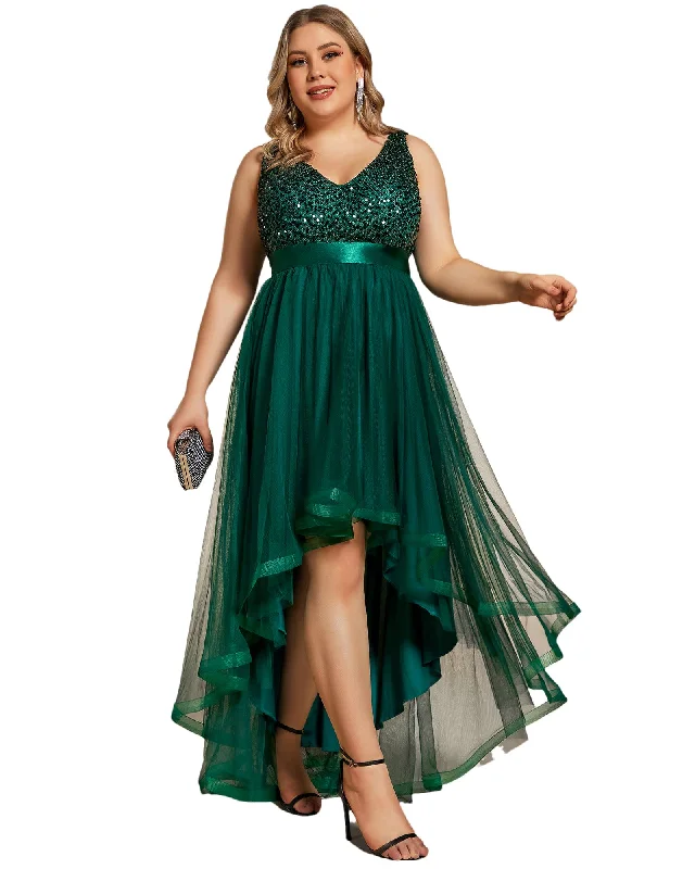 sleeveless frill hem dress -Sleeveless Sequin Ribbon Waist Tulle High Low Evening Dress | Dark Green