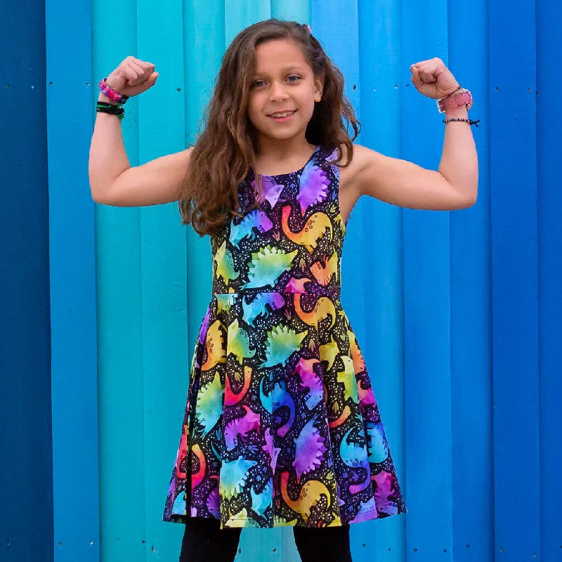 sleeveless dramatic dress -"Kaleidosaurus" Rainbow Dinosaurs Sleeveless Play Dress with Pockets