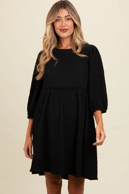 maternity ruched maternity dress -Black Knit Ruffle Trim Maternity Dress