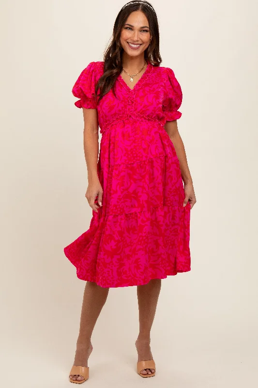 maternity adjustable dress -Fuchsia Print Ruffle Trim Tiered Maternity Dress