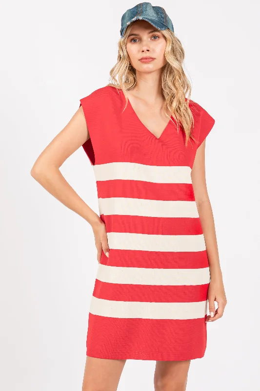 sleeveless streetwear dress -Red Striped Knit Sleeveless Dress