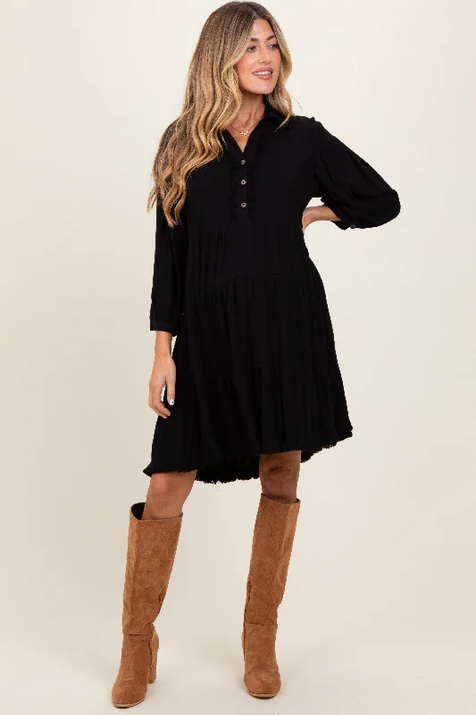 maternity lounge dress -Black Linen Button Up Tiered Maternity Dress