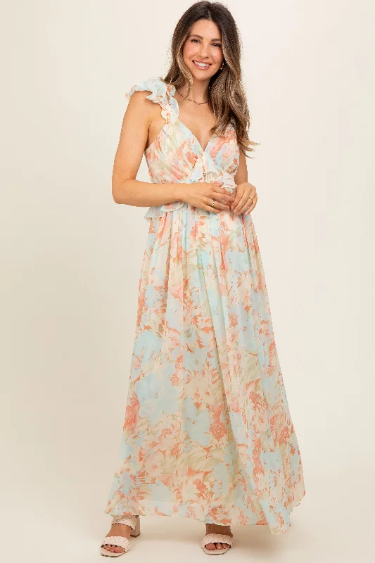 maternity perfect fit maternity dress -Mint Green Floral Ruffle Accent Cutout Maternity Gown