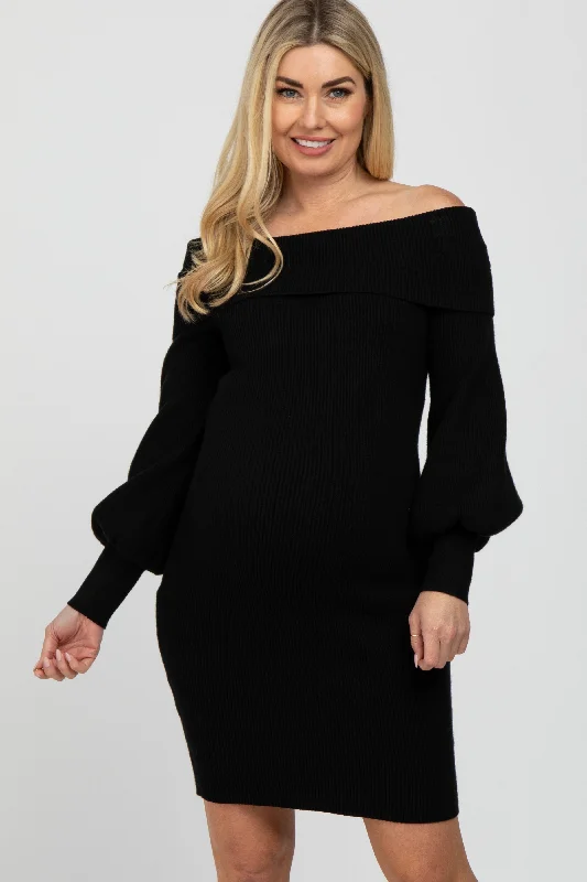 maternity off shoulder maxi dress -Black Off Shoulder Bubble Sleeve Maternity Sweater Dress