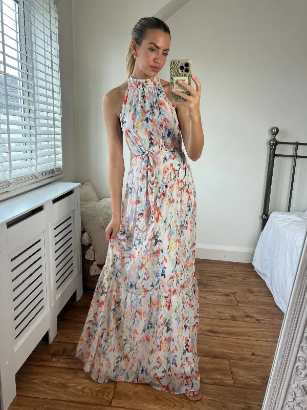 Women's maxi dress casual edge -Willow High Neck Maxi Dress / Floral Print - As Seen On Sam Faiers