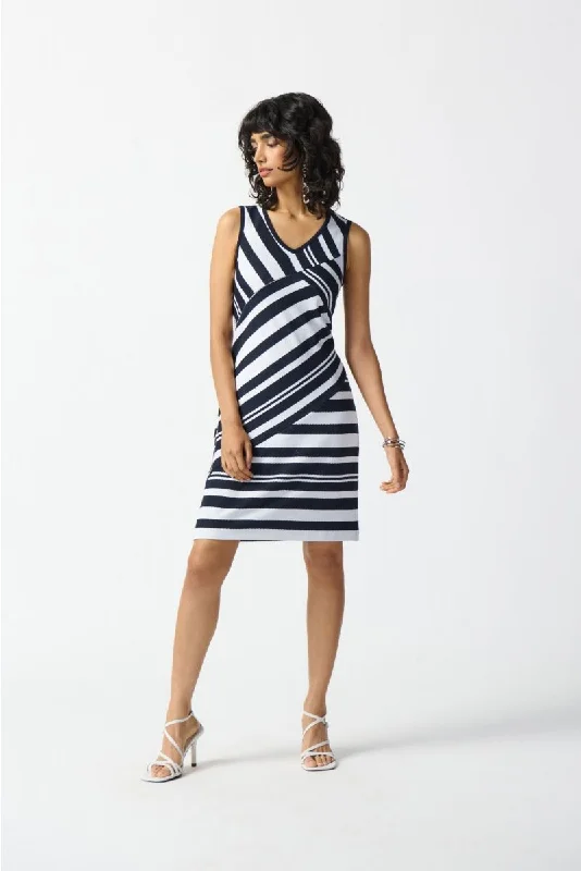 sleeveless polka dot dress -Joseph Ribkoff Midnight Blue/Off-White Striped V-Neck Sleeveless Sheath Dress 242077