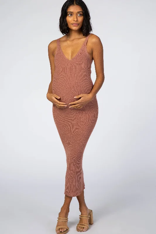 maternity fancy dress -Mauve Sleeveless V-Neck Maternity Sweater Dress